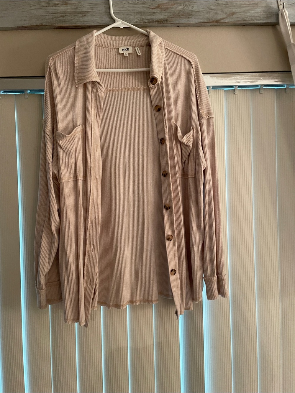 BKE Ribbed Button-Down Shirt Jacket in Light Beige